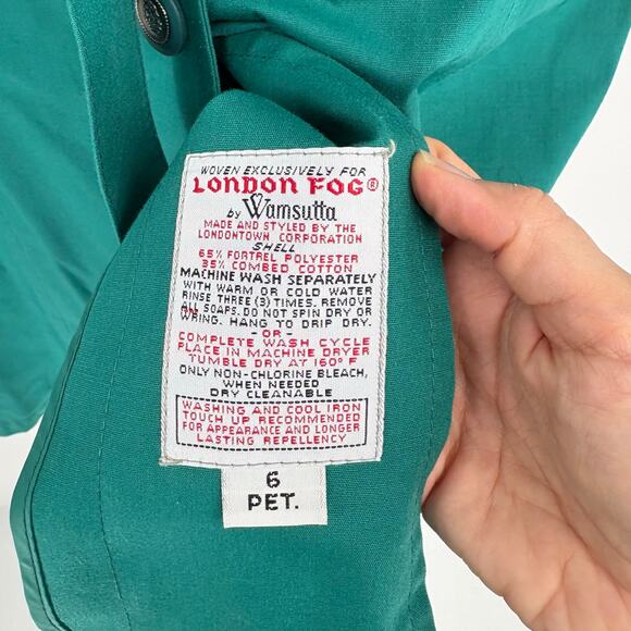 Vintage London Fog Green A-Line Belted Removable Liner Trench Coat Size 6P - Picture 5 of 10